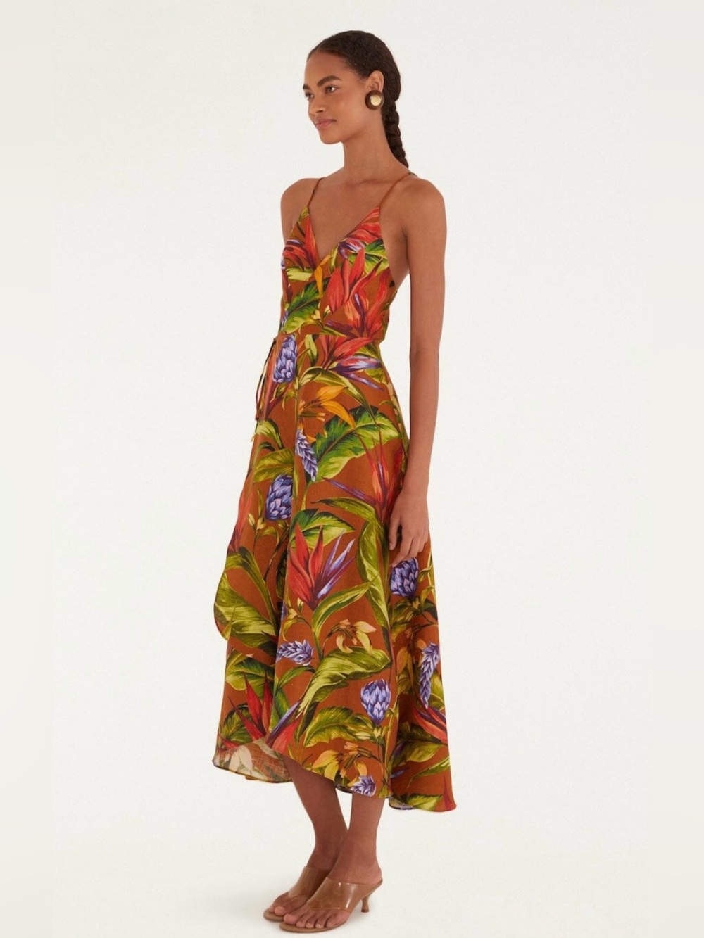 Farm Rio Florart Linen Sleeveless
Plunge Midi Wrap Dress Multi Color Brown M NWT - Picture 5 of 16